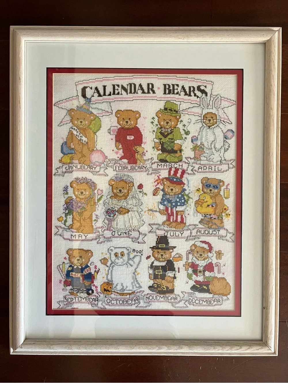 Framed Completed Calendar Bears Cross stitch Art needlework folk 80s 90s 🐻 🇺🇸 🗓️